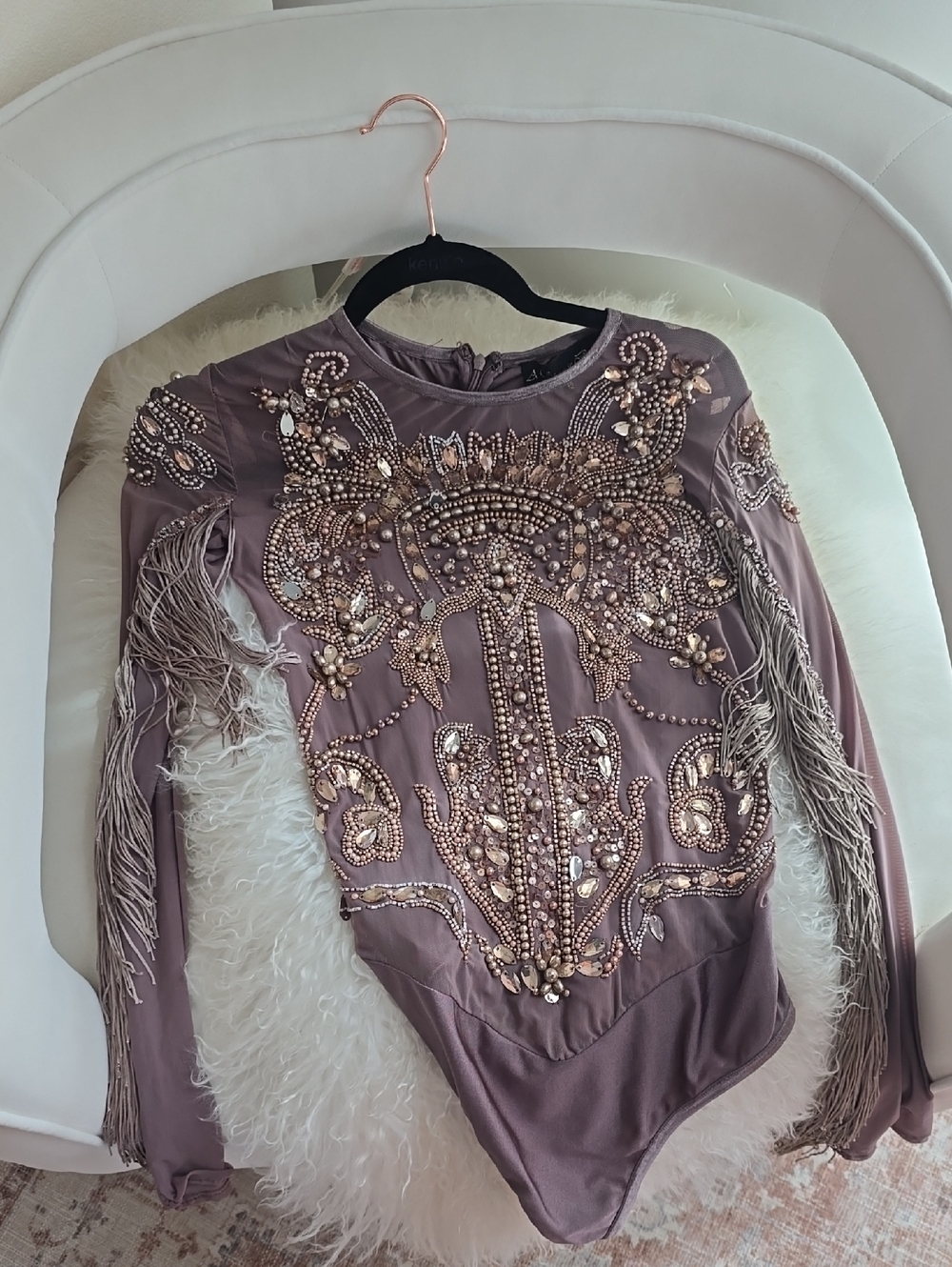 Embellished Mauve Long-Sleeve Fringe Bodysuit